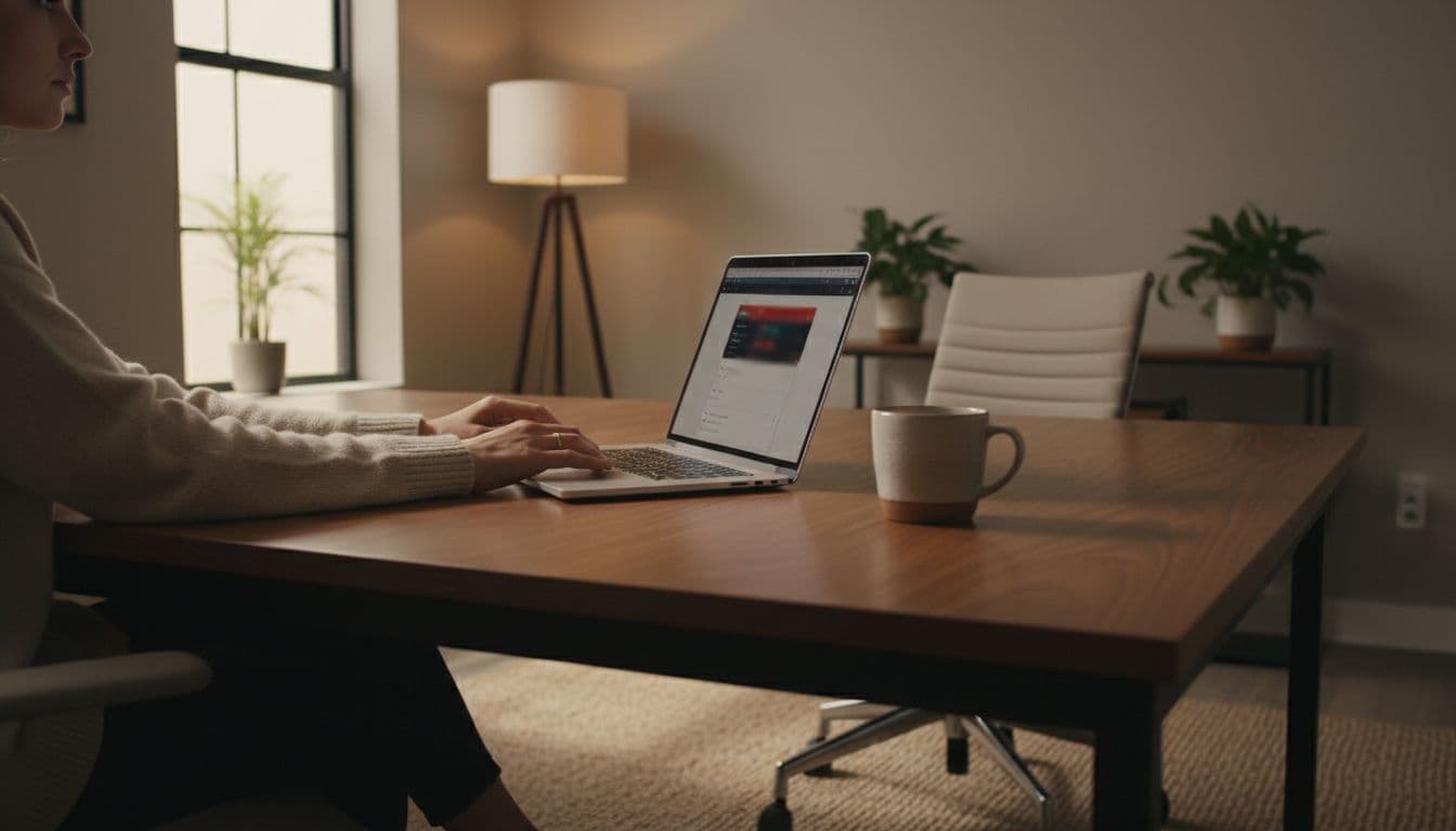 A person at a wooden desk in a modern home office uses a laptop to access the online account dashboard for internet service, with hands relaxed near the keyboard and a coffee mug nearby under warm lighting.