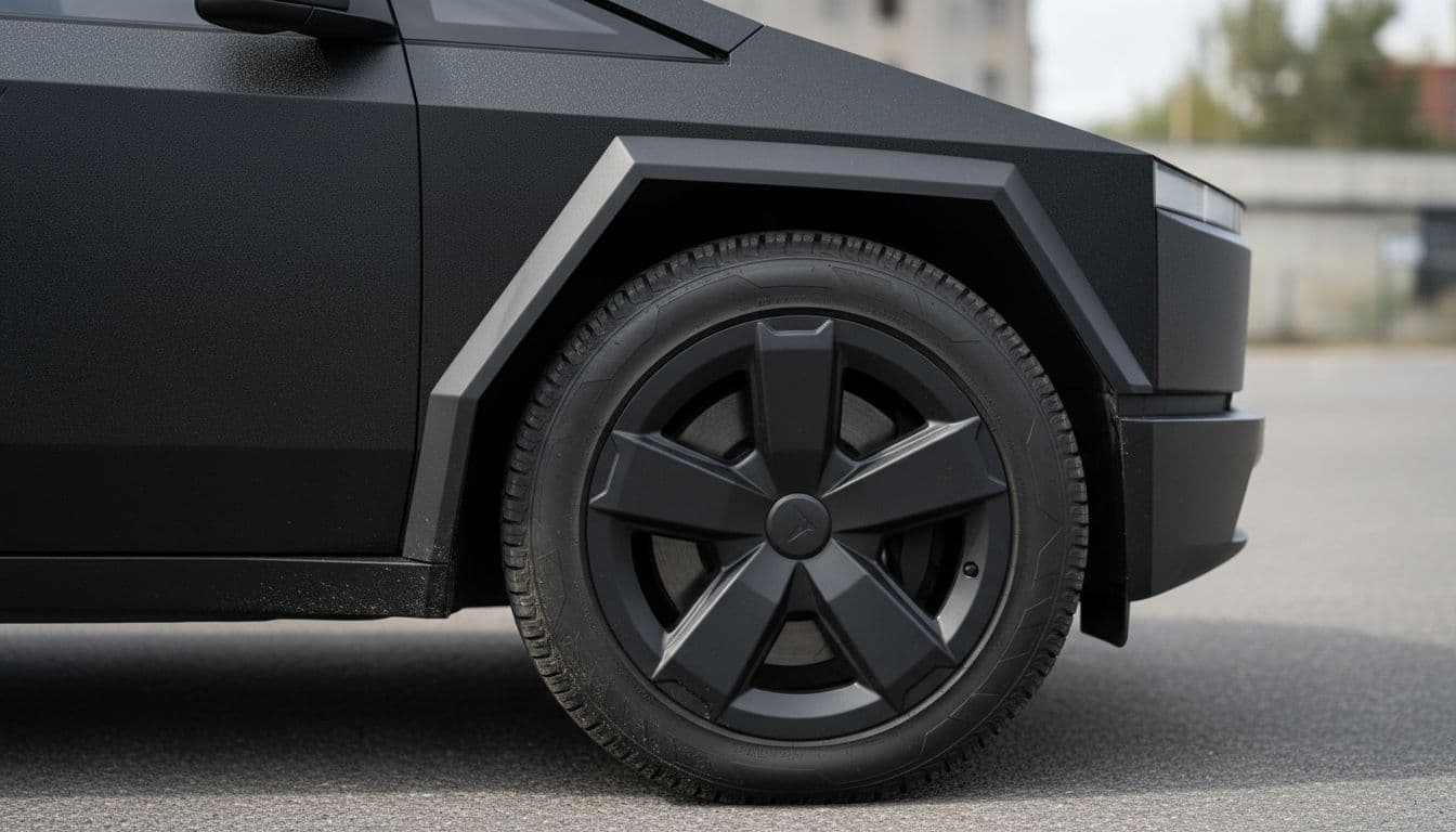Close-up of a black wrapped Tesla Cybertruck wheel and fender featuring a matte black finish with subtle texture, black 20-inch wheel, and light road debris, captured in natural outdoor daylight to emphasize surface quality and stealthy pairing.