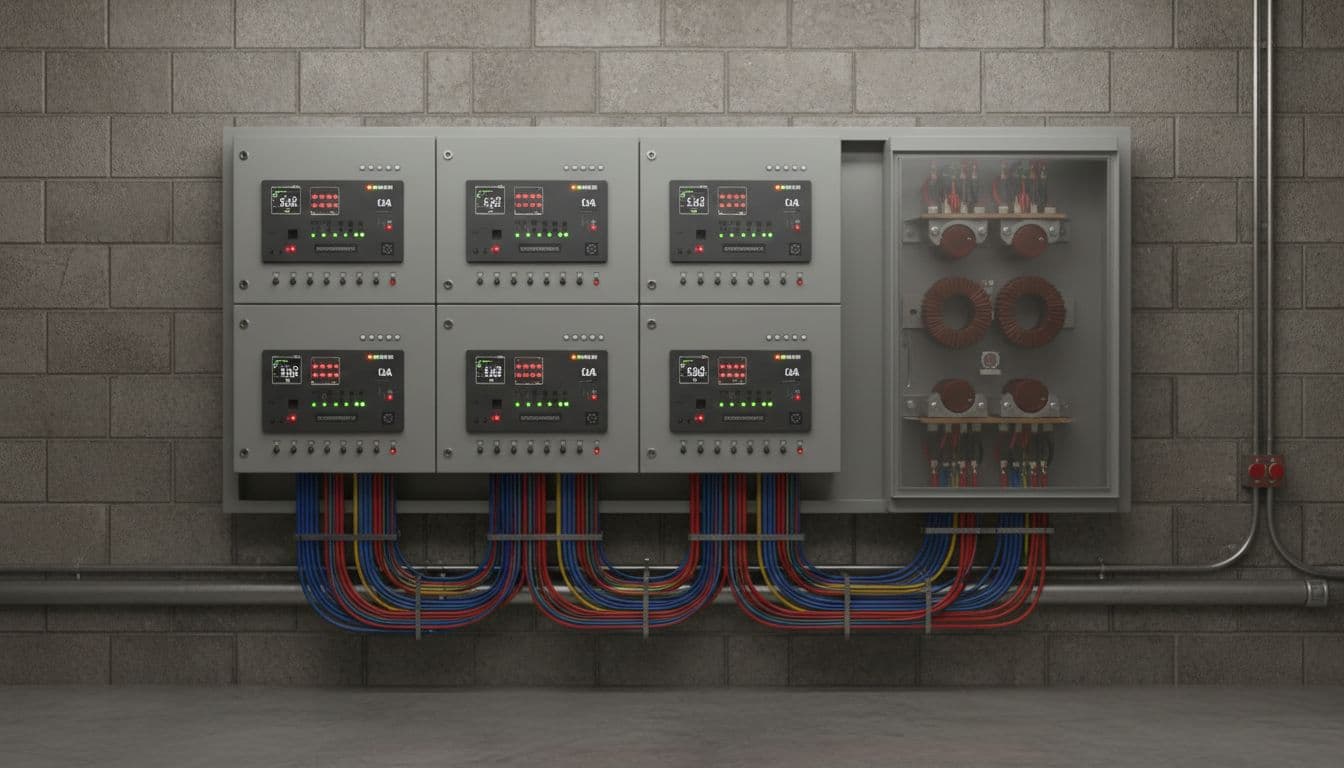 Digital multifunction relay panel for medium voltage motor protection in a control room, showing multiple relays with indicators and wires connected to CTs in a clean industrial setting with even lighting.