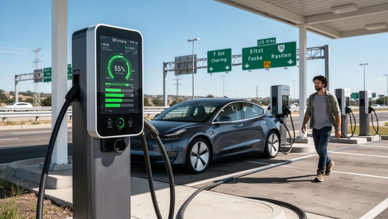 Photorealistic daytime landscape of a modern DC fast charging station in a US highway rest area, with one electric vehicle connected via thick cable, charger screen showing status, a person walking nearby, highway signs, and clear blue sky.