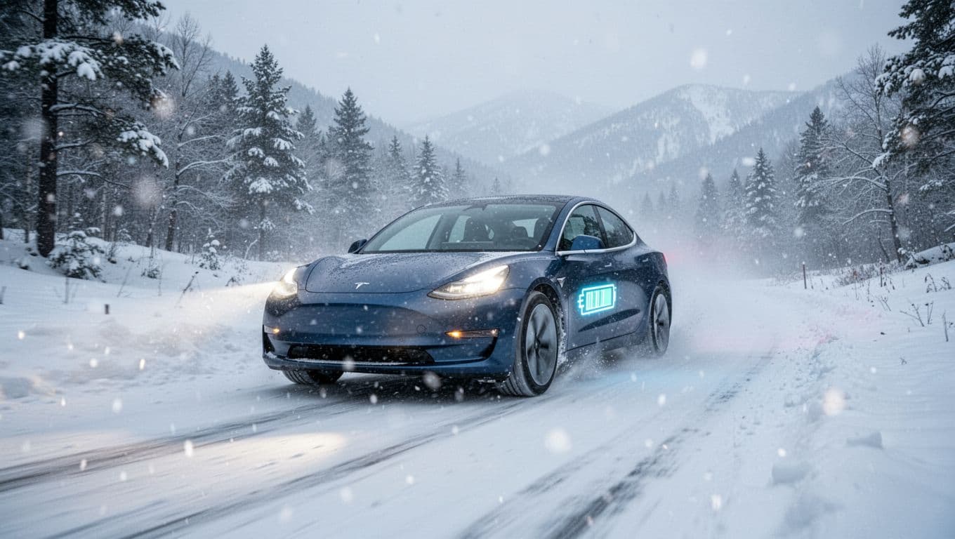 Realistic landscape photograph of a modern electric sedan driving confidently on a snowy rural road in heavy winter snowfall, with headlights piercing fog, all-wheel drive tires gripping thick snow, and a subtle battery glow on the side panel.