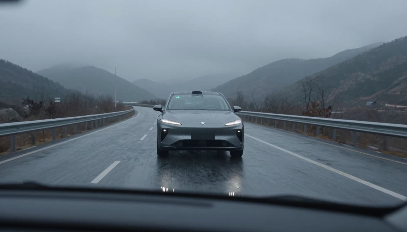Photorealistic side view of a modern electric vehicle driving on a winding highway in rainy winter weather, showing low battery indicator on dashboard, wet road reflections, gray cloudy sky, and distant mountains.