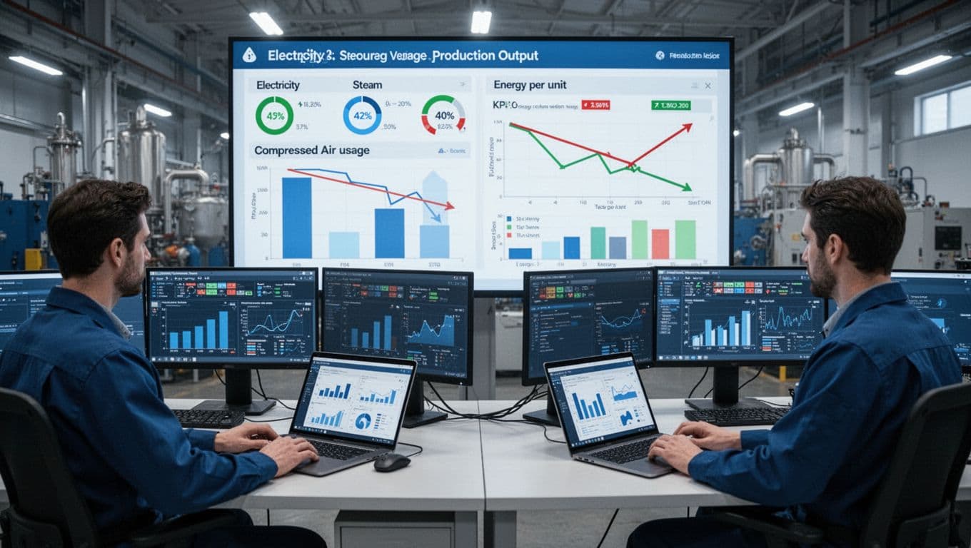 A professional factory control room with a large screen displaying KPIs for electricity, steam, and compressed air usage versus production output, featuring downward-trending graphs for energy per unit. Two relaxed operators seated at desks with hands on keyboards monitor alerts in a blue-toned, modern atmosphere with an open laptop showing charts.