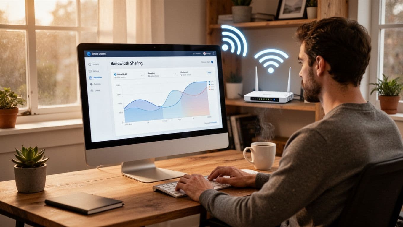 Photorealistic scene of a modern home office with a desktop computer on a wooden desk showing a bandwidth sharing dashboard, router on shelf, subtle Wi-Fi icons, warm light, coffee mug, and one person viewed from behind.