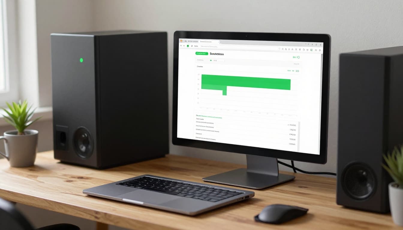 A modern desktop PC setup on a wooden desk in a home office displays a simple bandwidth sharing app dashboard with green status indicator and traffic graphs. Soft natural light illuminates a closed laptop, coffee mug, and plant in a cozy atmosphere.