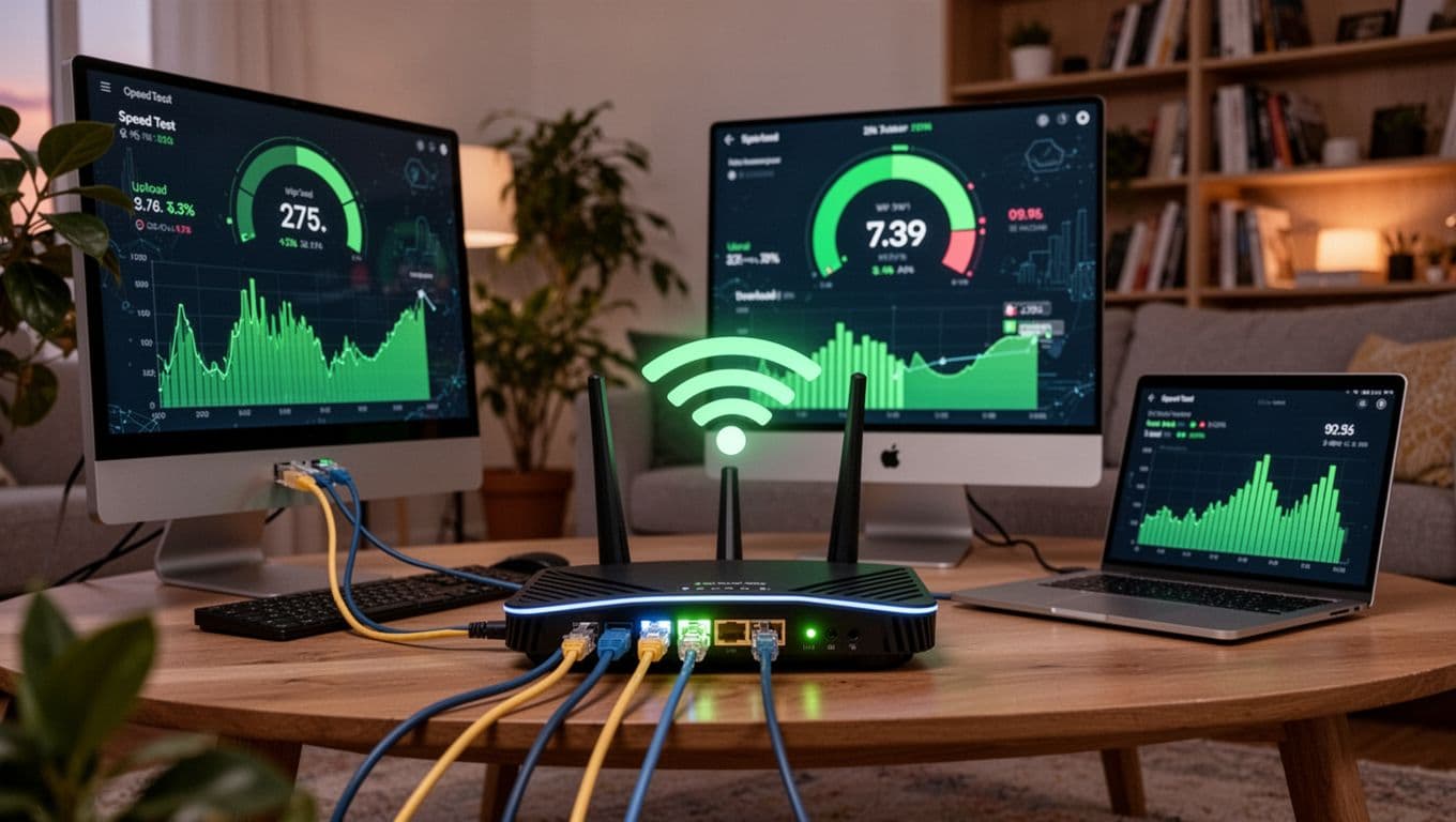 Landscape view of a modern router in a cozy living room, connected via ethernet cables to a desktop and laptop, with full Wi-Fi signal bars and abstract high-speed graphs on a speed test screen. Soft evening lighting highlights the stable setup amid plants and bookshelves, realistic photo style focusing on router ports and lights.