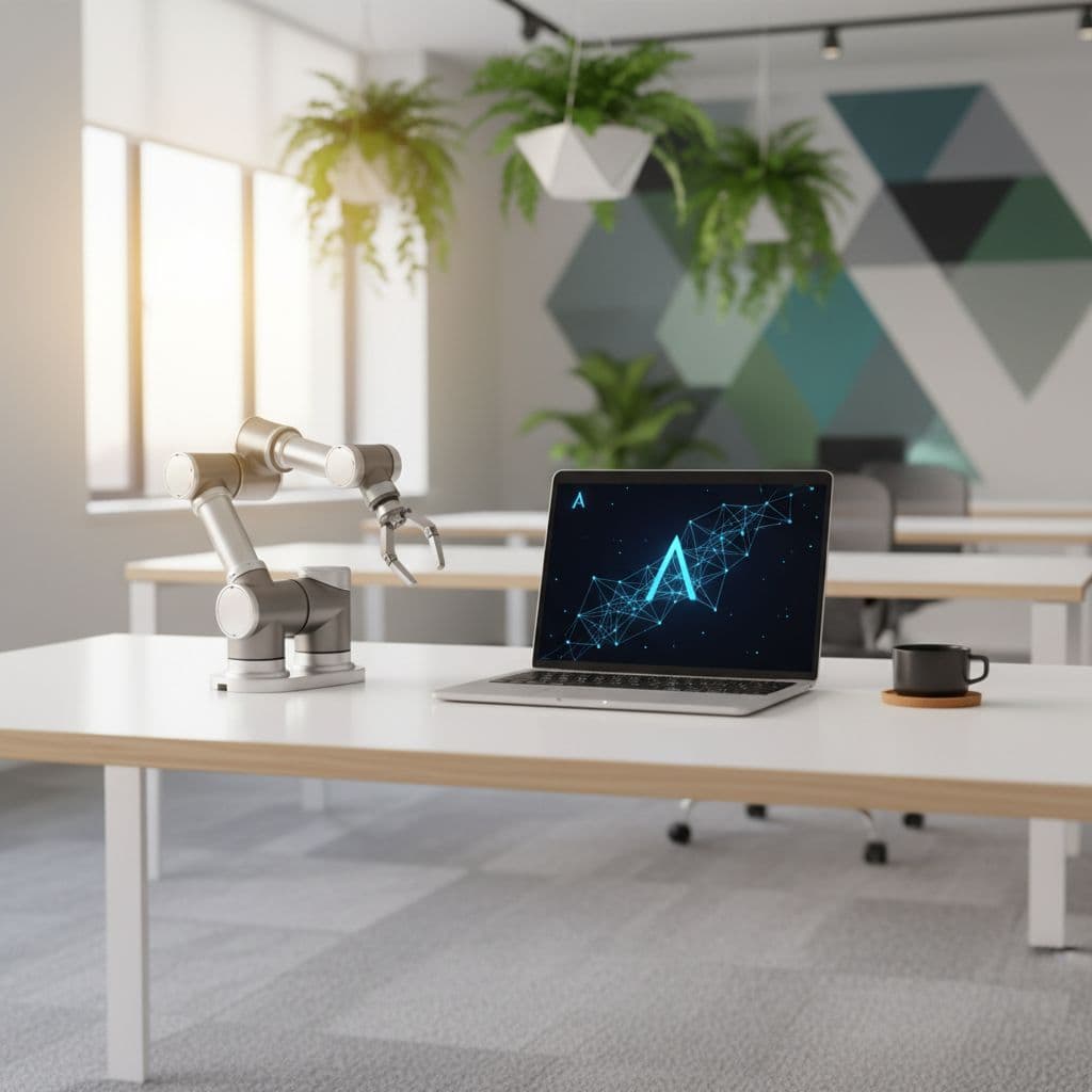 A sleek metallic robotic arm rests on a clean white desk beside a silver laptop. Lush green plants soften the sunlit background, creating a calm and minimalist professional environment.