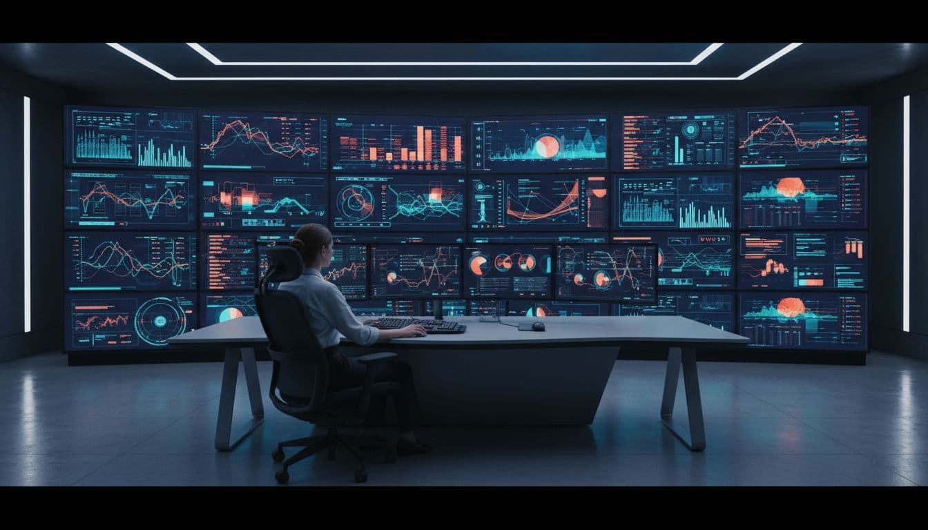 A single operator seated at a desk in a modern control room for a large solar power plant, facing multiple large screens with colorful data visualizations and graphs for energy monitoring. The high-tech setting features dim lighting from glowing screens, ergonomic chairs, and keyboards, with a practical focus on technology interfaces.