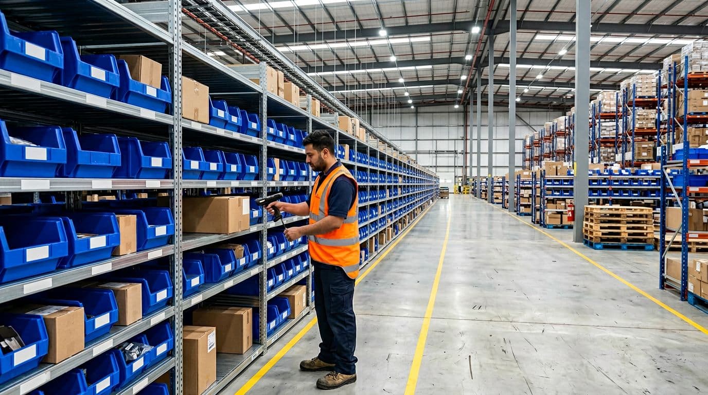 Modern warehouse interior with organized shelves full of blue bins and boxes, featuring one worker in a safety vest using a handheld scanner on a box under bright overhead lighting.