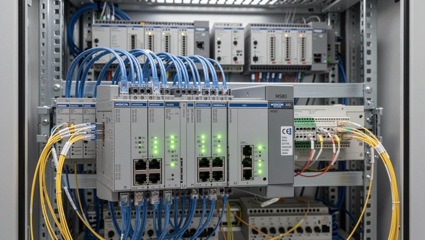 A detailed realistic technical illustration of an industrial rack-mounted PLC controller system like Modicon M580, featuring multiple modules, Ethernet cables, fiber optic links, CPU with dual ports and green LEDs, power supplies, and I/O modules in a clean factory control cabinet.