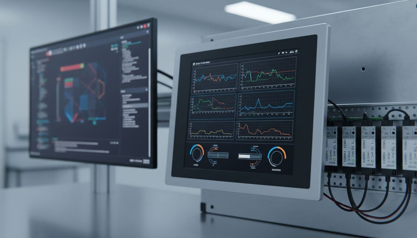 Close-up of Modicon M660 dashboard showing real-time data graphs, axis motion controls, blurred industrial PC interface, servo drives, and safety modules in a clean high-tech environment.