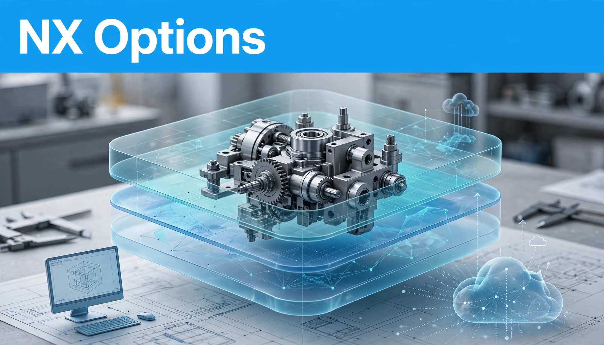 Translucent blue layers surround a mechanical assembly beside a workstation and cloud symbol.