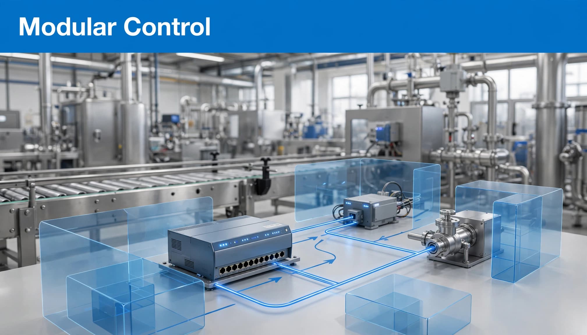 A controller connects two industrial devices above a factory conveyor.