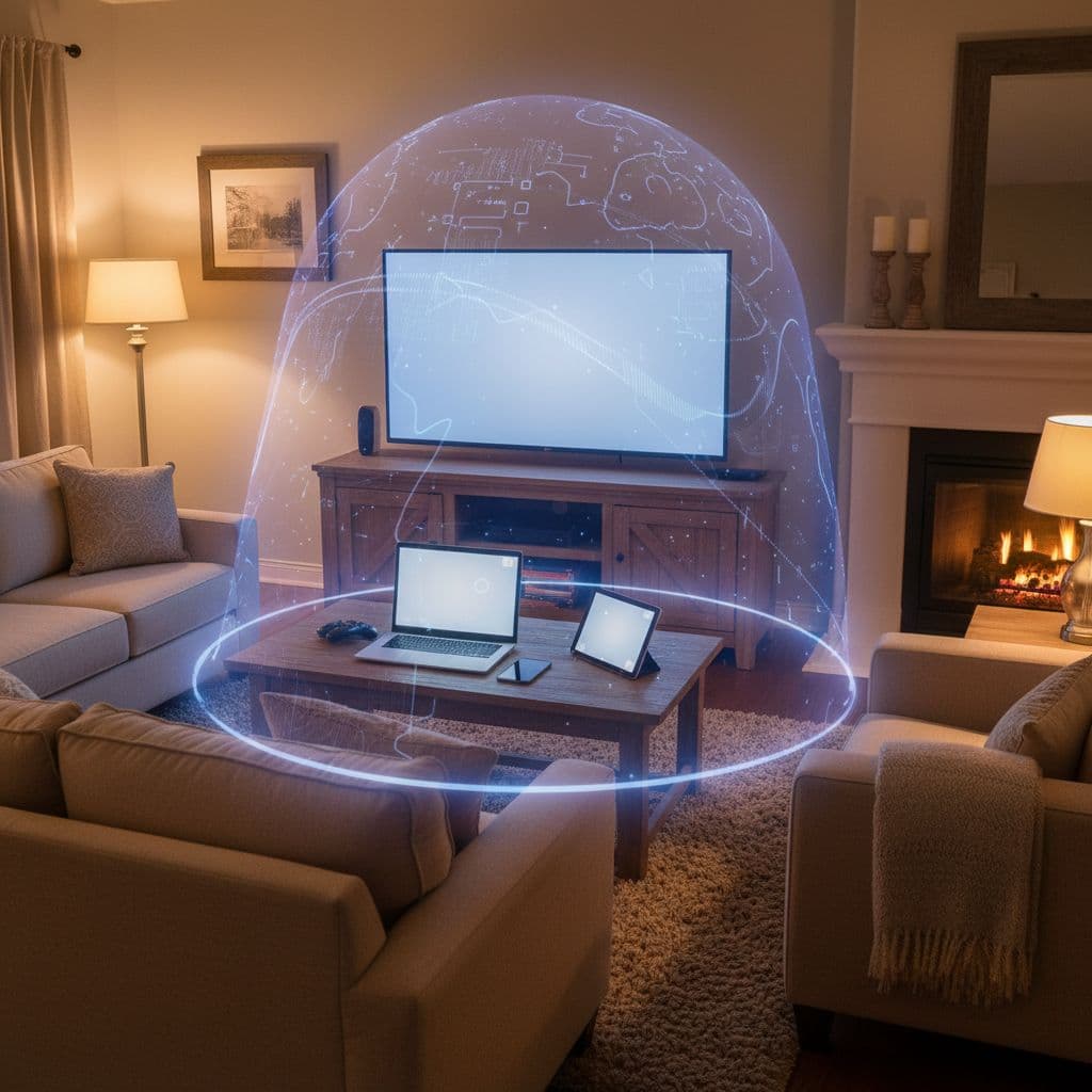 A cozy family home living room featuring a laptop, smartphone, tablet, smart TV, and gaming console on tables and shelves, all enveloped by a subtle glowing VPN shield for protection, with warm lighting and no people, logos, or text.