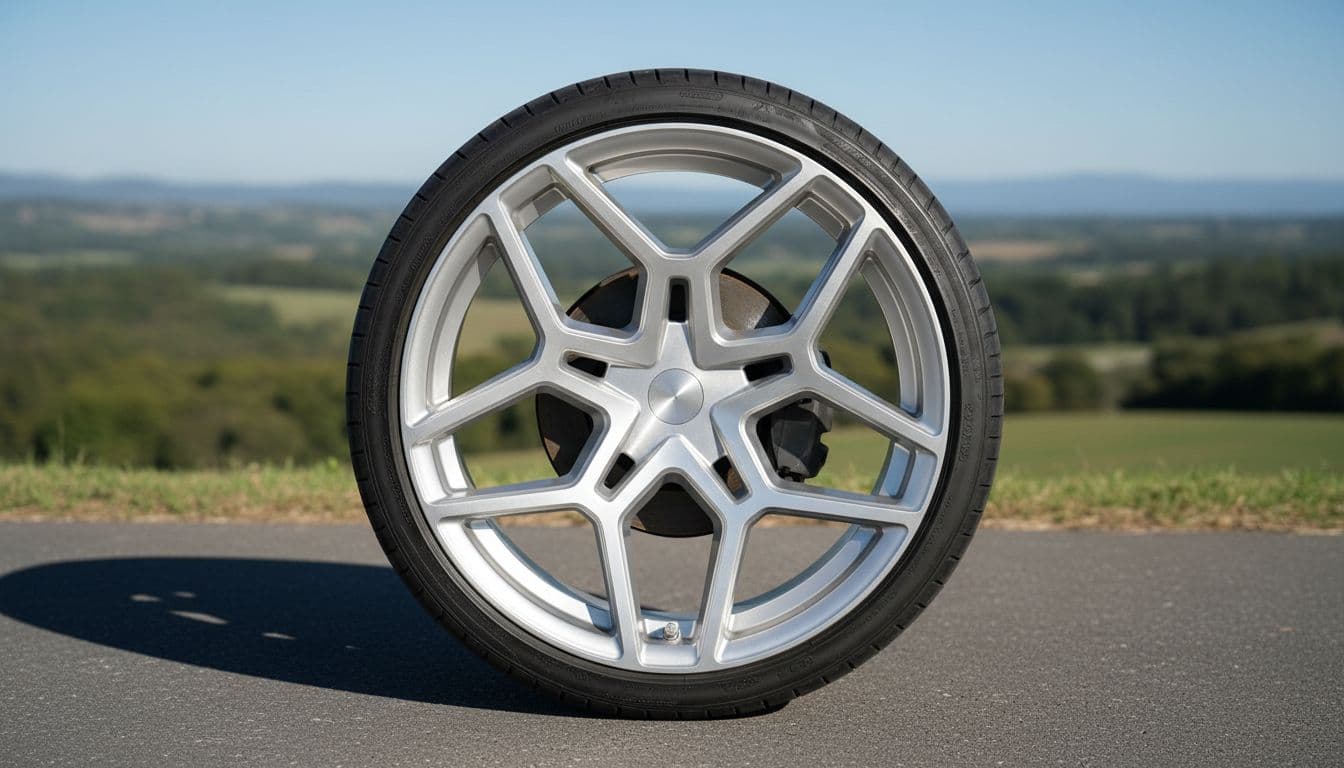 Close-up view of a single Munro Delta wheel with unique triangle-based spoke design mounted on a Tesla tire, featuring silver forged aluminum finish and truss-like spokes in natural daylight.