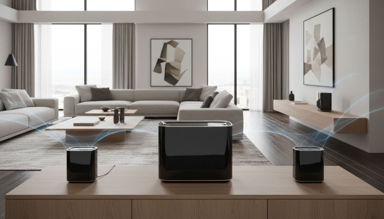 Premium Netgear Orbi 970 series quad-band WiFi 7 mesh system with router and two satellite extenders in a spacious modern living room on wooden surfaces, subtle signal waves, sleek black design, natural daylight.