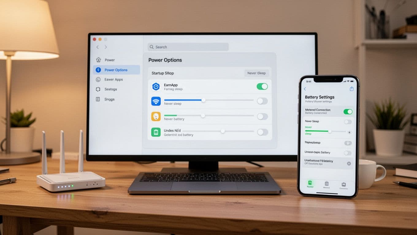 Realistic professional photo of a clean wooden desk in a home office with a desktop screen showing power options set to never sleep, startup apps including enabled EarnApp, a nearby phone with unrestricted battery settings, and router metered connection toggled off, under soft warm lighting with high-resolution focus on screens.