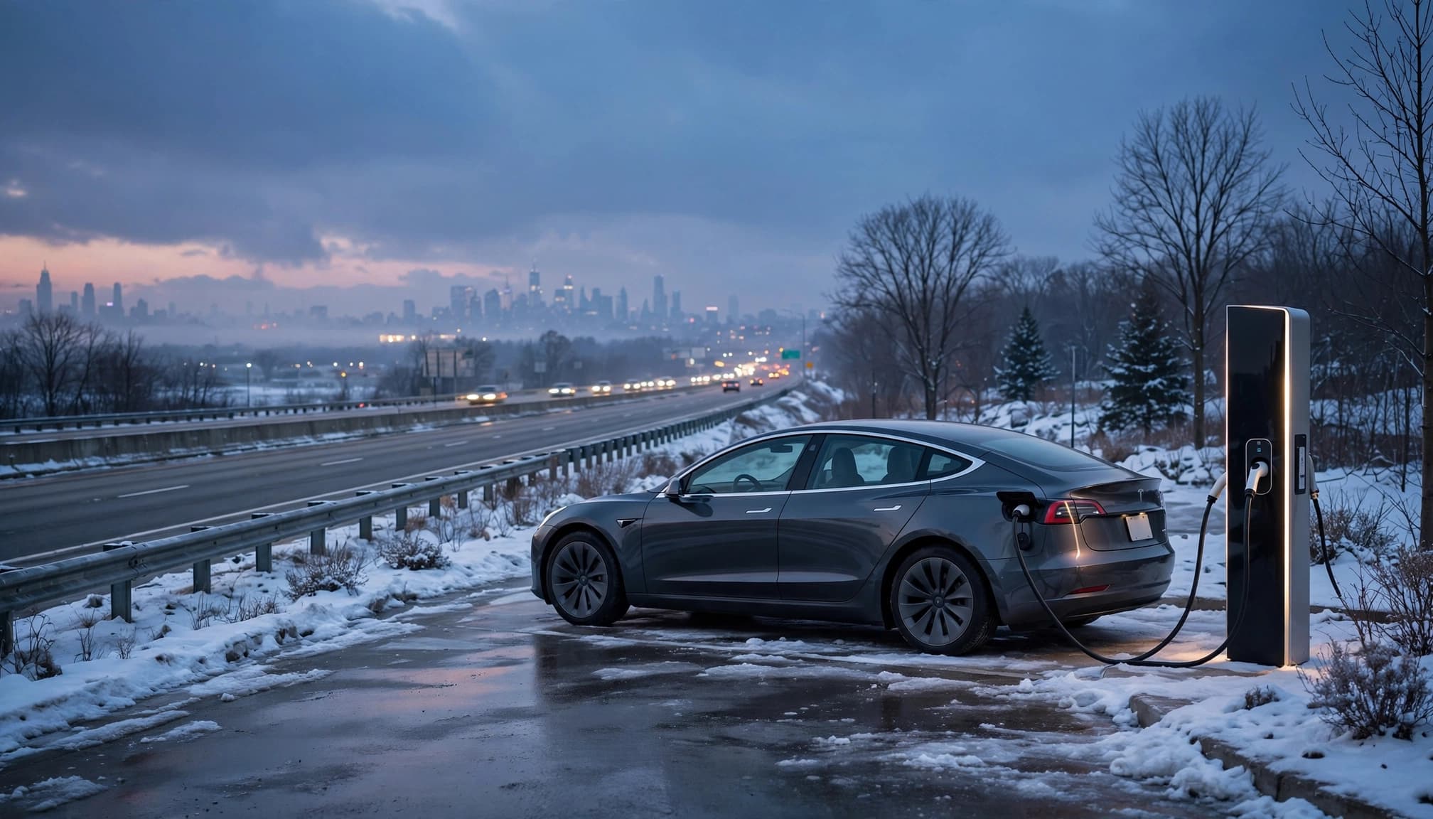 An electric vehicle charging beside a New York interstate at dusk.