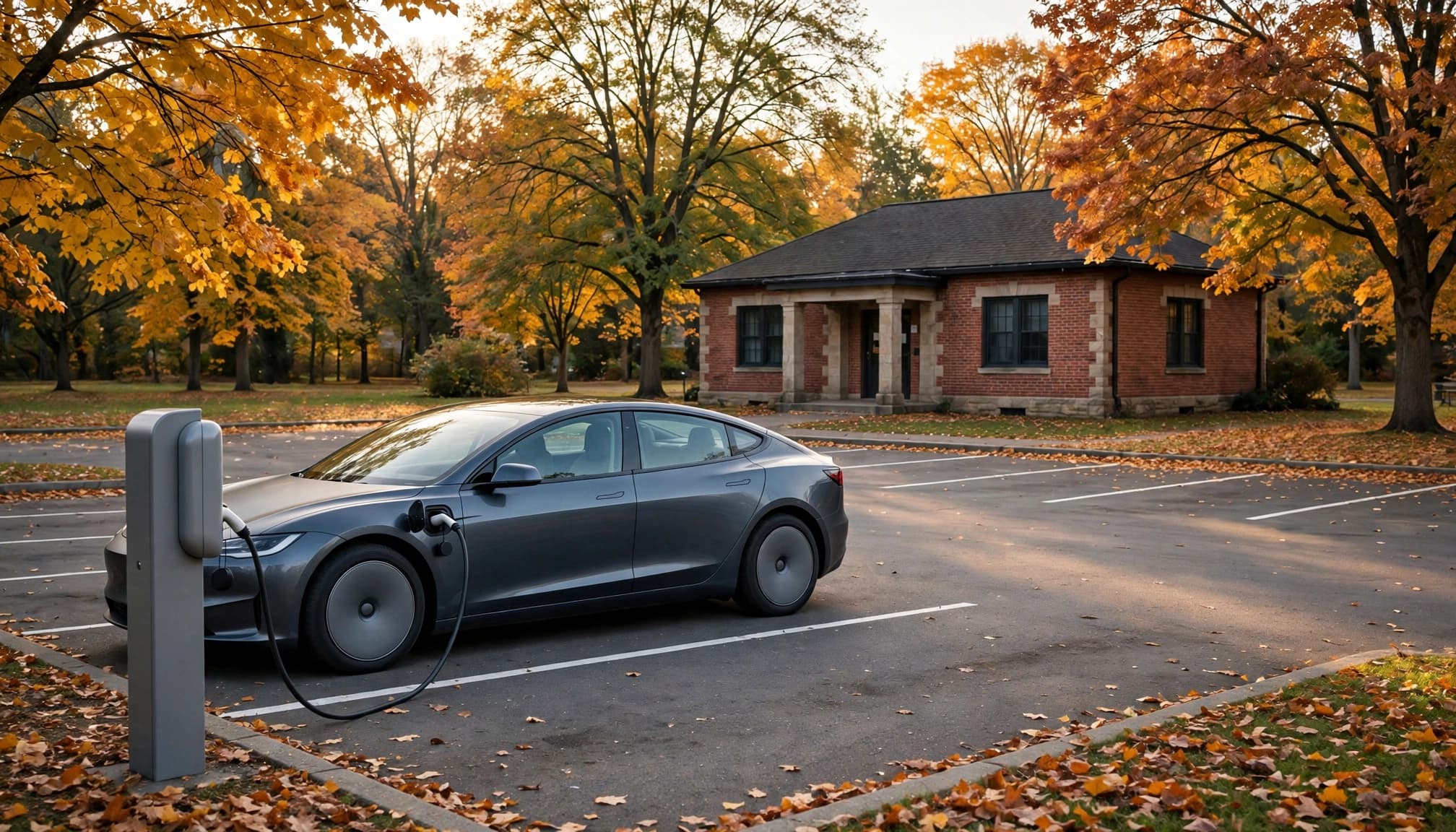 An electric vehicle charges beside a library parking lot in autumn.
