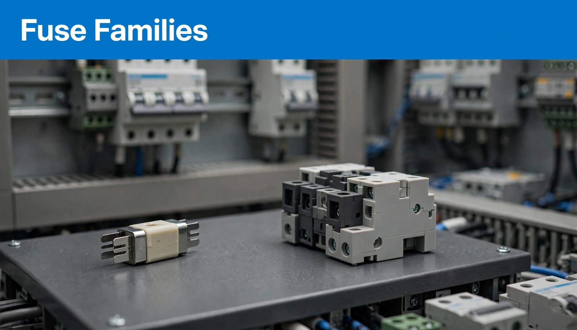 An NH semiconductor fuse link rests beside its modular base beneath a blue headline strip.