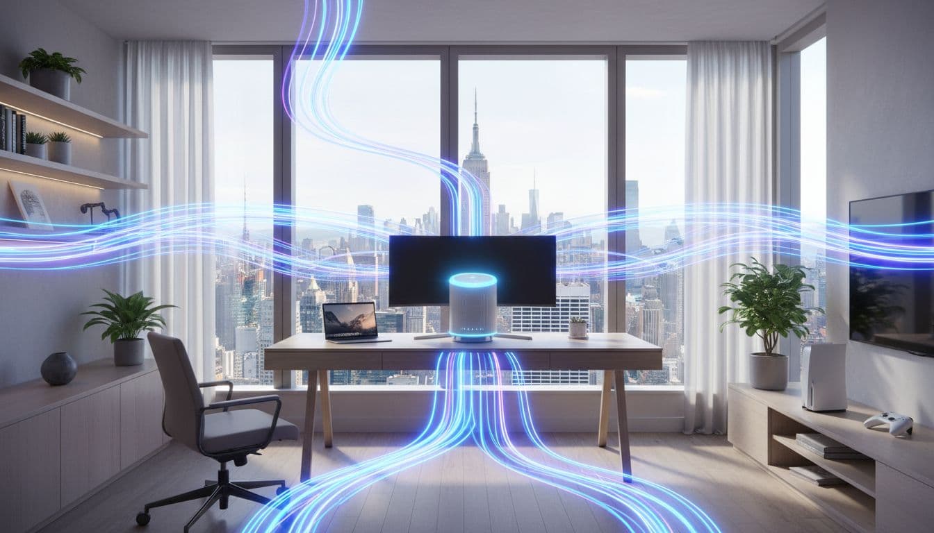 Modern minimalist home office in a NYC high-rise featuring a hybrid fiber and cable router setup with ultra-fast download speeds shown as dynamic data streams. Connected devices include a laptop and gaming console, illuminated by bright daylight from large windows overlooking the city skyline, no people present.