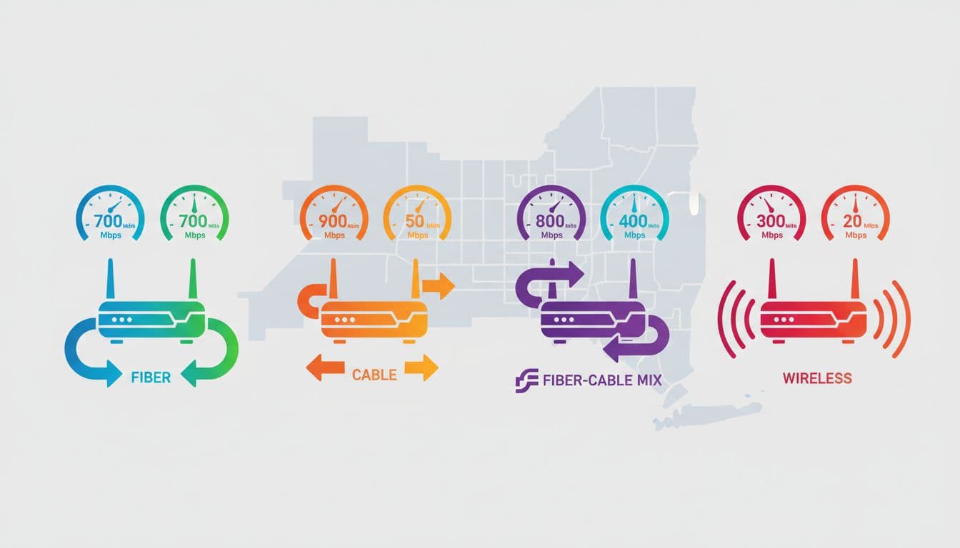 Side-by-side infographic icons of four routers on a NYC map outline background, featuring speed gauges for different tiers and symbols for fiber, cable, hybrid, and wireless connections.