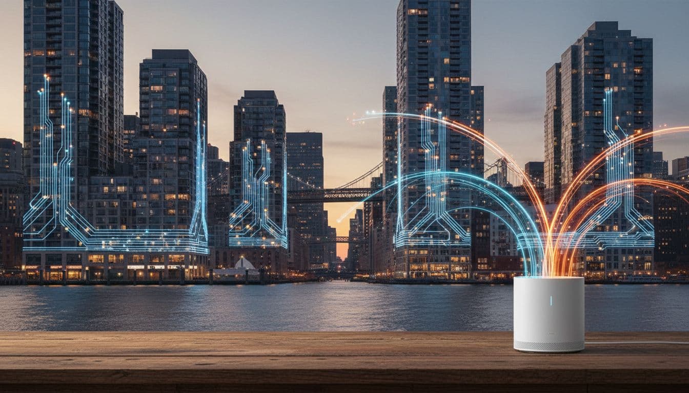 New York City skyline at dusk with glowing fiber optic cables weaving through modern apartment buildings and a sleek router on a wooden desk in the foreground displaying balanced upload and download speeds as abstract light trails, captured in realistic photography style with warm ambient lighting.