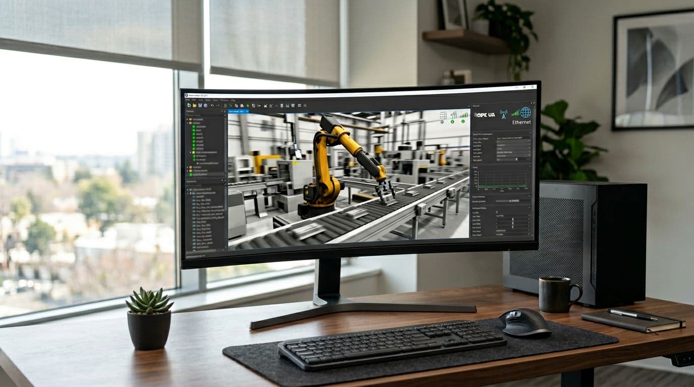 A realistic image of a single computer on a modern office desk running 3D simulation software for factory automation, displaying an animated robotic arm and conveyor belt integrated with real-time PLC data via OPC UA connection. Subtle network icons appear in a workspace with keyboard, mouse, and natural window lighting; screen is slightly blurred with no readable text, people, hands, logos, or borders.