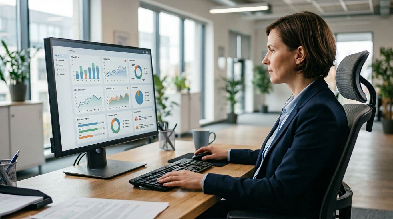 Clean dashboard interface on a computer screen displays inventory charts, stock levels, and alert icons, viewed from an office desk with a keyboard and one seated manager. Realistic photo in modern office lighting with slightly angled screen, no readable text, generic shapes, exactly one person, no logos.