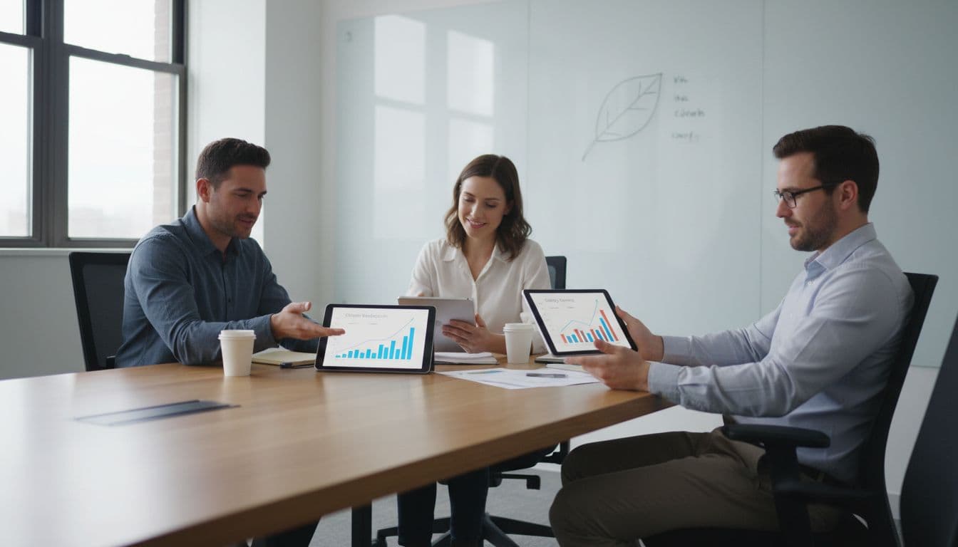 Three colleagues in modern conference room review carbon reduction and energy savings graphs on tablets.
