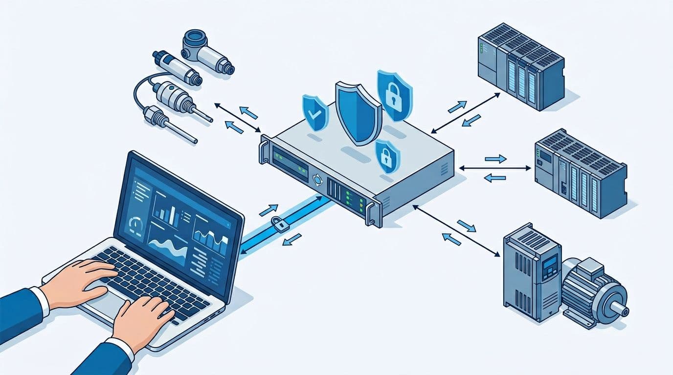 Technical isometric illustration of a central OPC UA server hub connected to sensors, PLC with Modbus, Profinet VFD, and securely linked to OPC UA client on a laptop with read/write data arrows in clean blue-toned modern design.