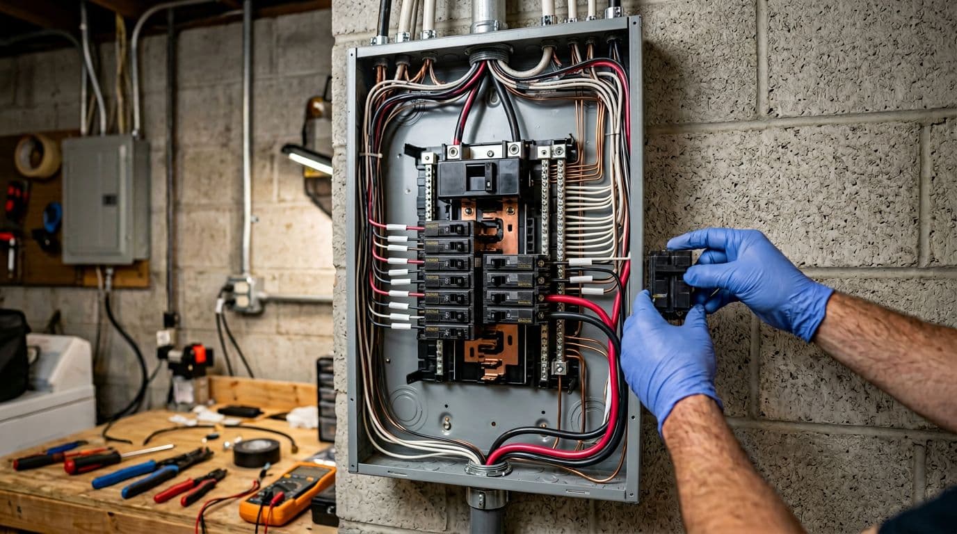 Open electrical service panel in a garage workshop with a breaker being installed for an EV charger, wires organized and labels clear but no readable text.