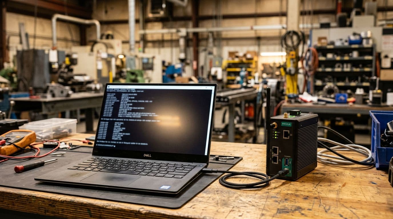 An open laptop sits on a workbench in an industrial workshop, connected by USB cable to a small rugged IoT gateway, with a blurred command line interface on the screen and factory equipment blurred in the background under warm lighting.