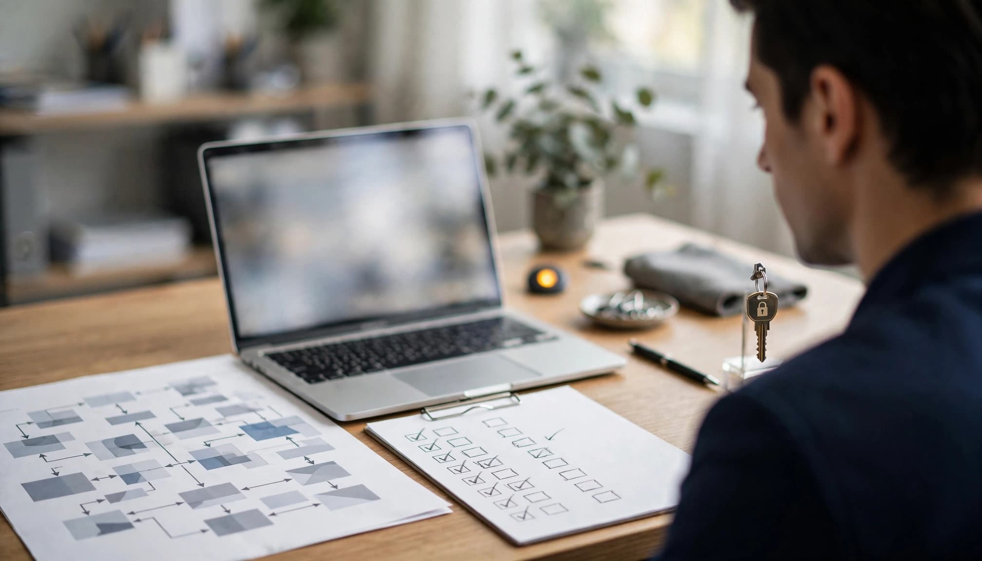 Manager reviewing a workflow on a laptop beside a process map and security icon.