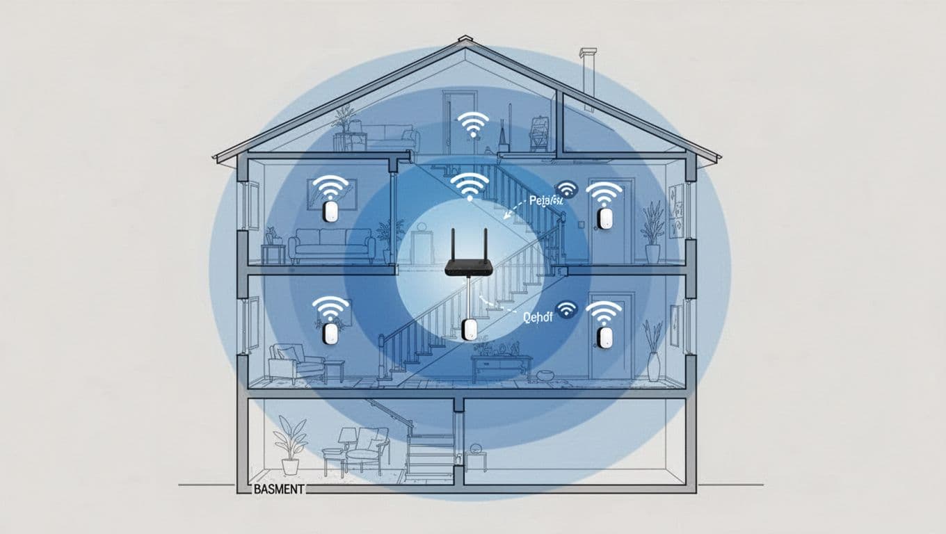 Infographic-style illustration showing optimal WiFi pod placement in a two-story house: central router downstairs, pod on stairs, pod upstairs hallway, with color gradient signal coverage filling all rooms including basement.