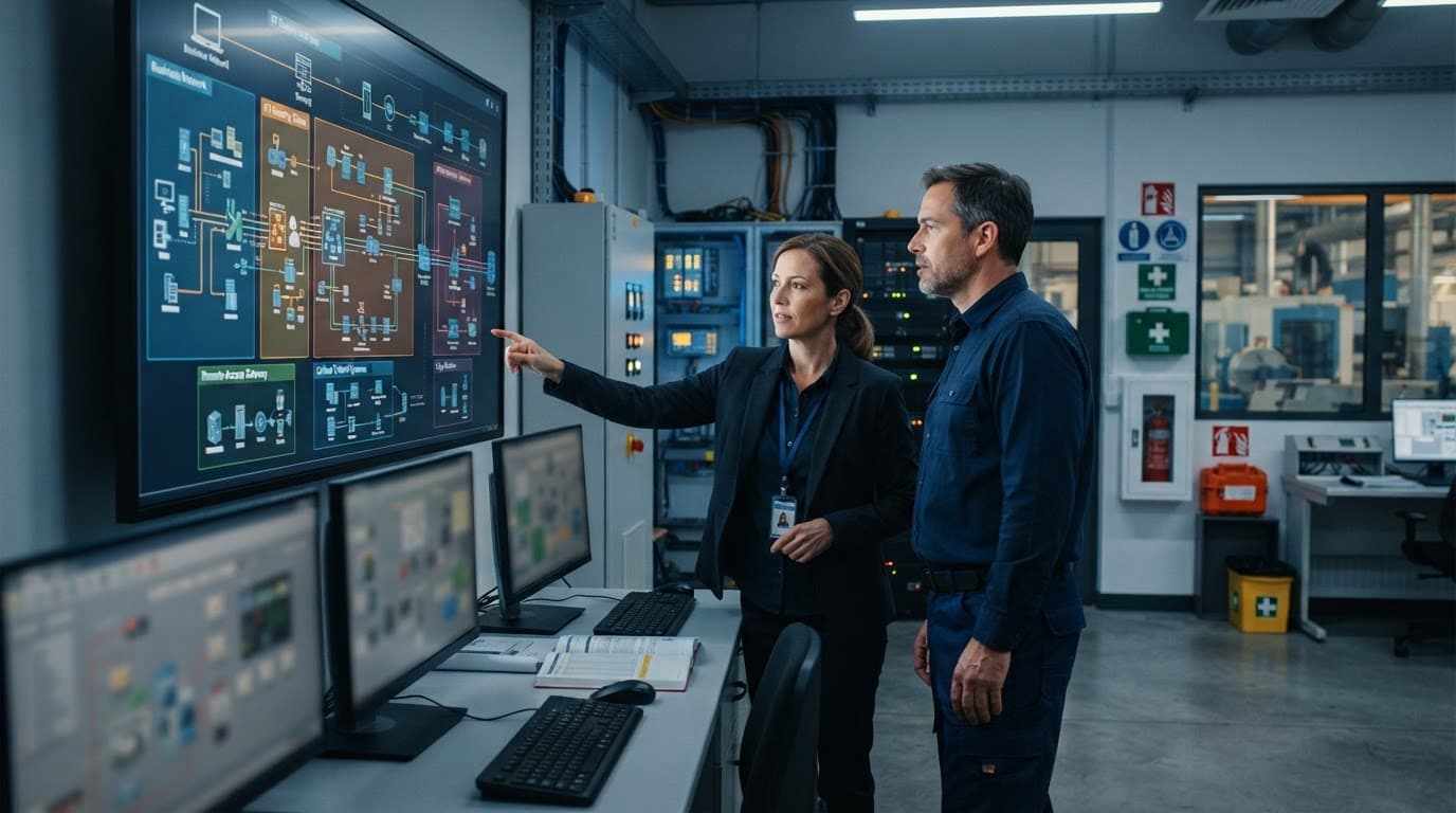 Two specialists review an industrial network map in a manufacturing control room.