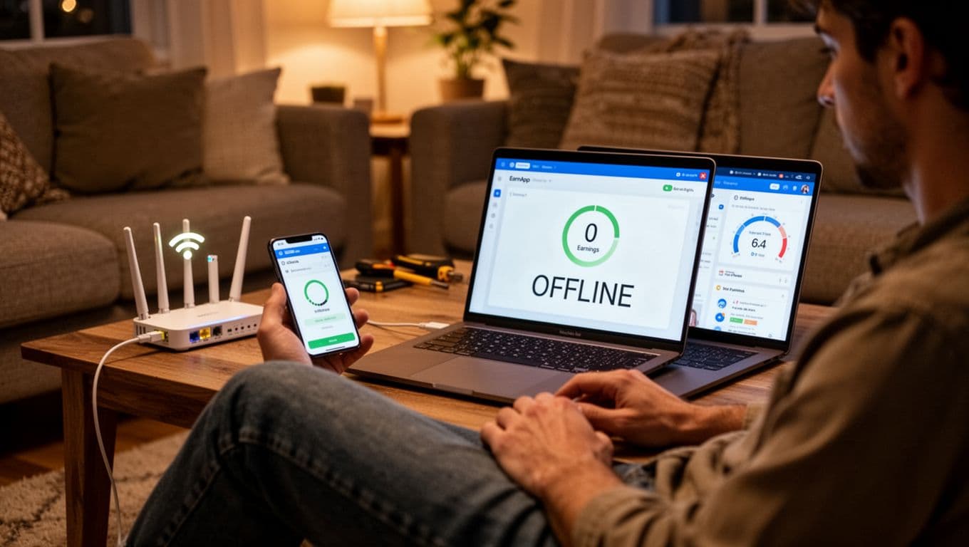 A relaxed person in a cozy living room checks smartphone and laptop screens displaying EarnApp dashboard with offline status and zero earnings, Wi-Fi router in background, speed test open, warm evening light.