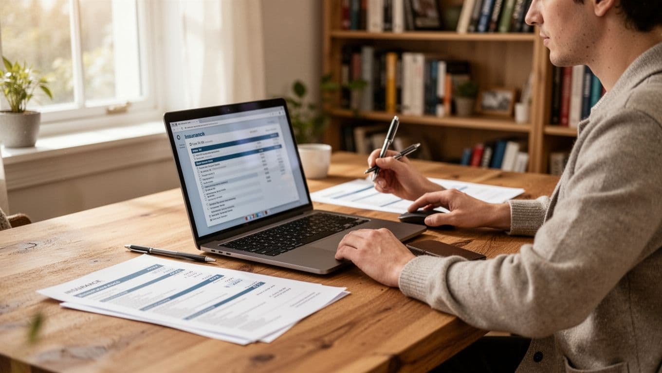 A person sits at a wooden desk in a bright home office, thoughtfully reviewing insurance quotes on a laptop angled away and printed documents nearby. The cozy room features bookshelves and soft window light, evoking a calm, focused mood in realistic photography style.