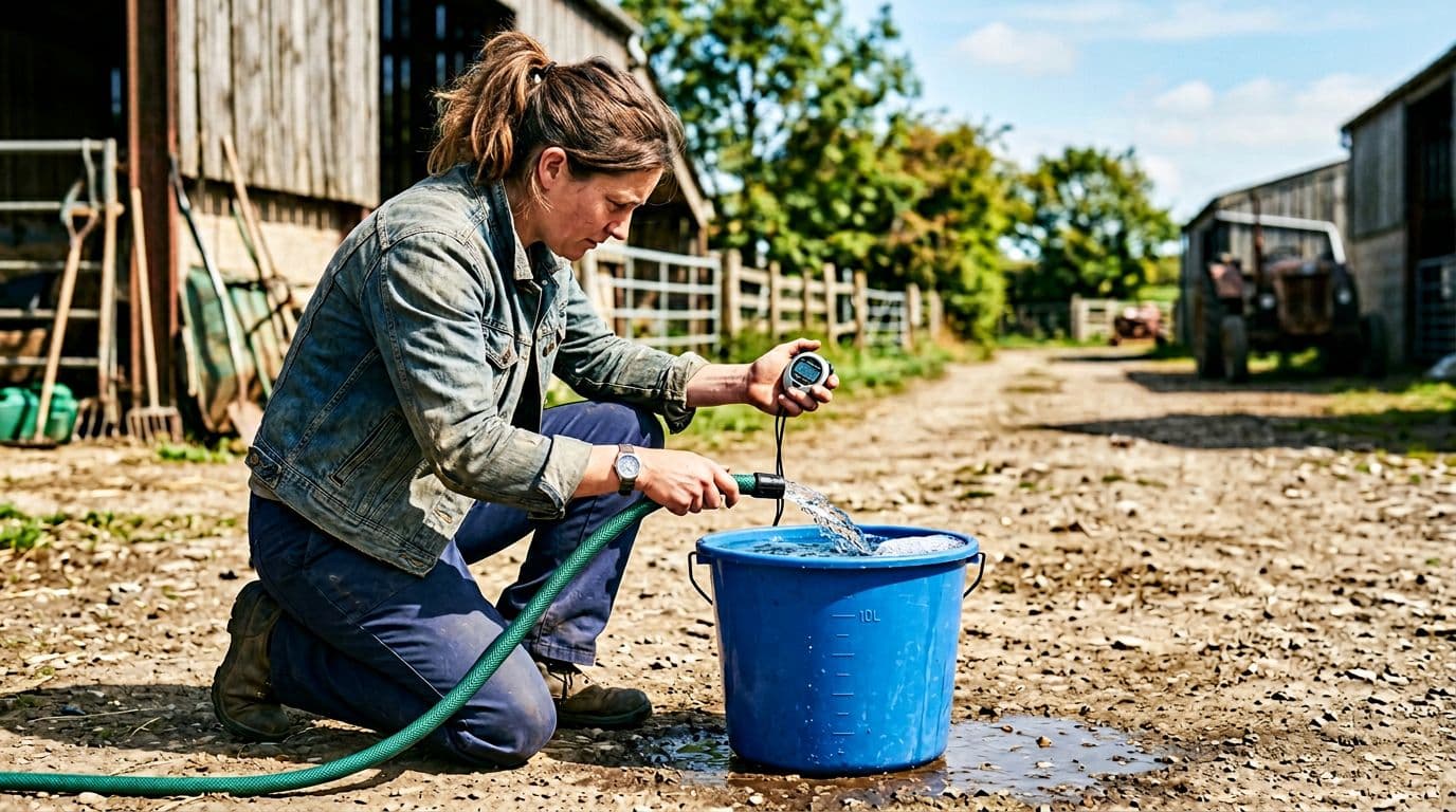 Outdoor scene of a person kneeling and filling a large 10-liter bucket with water from a pump hose, holding a stopwatch to measure fill duration in a sunny farmyard background.