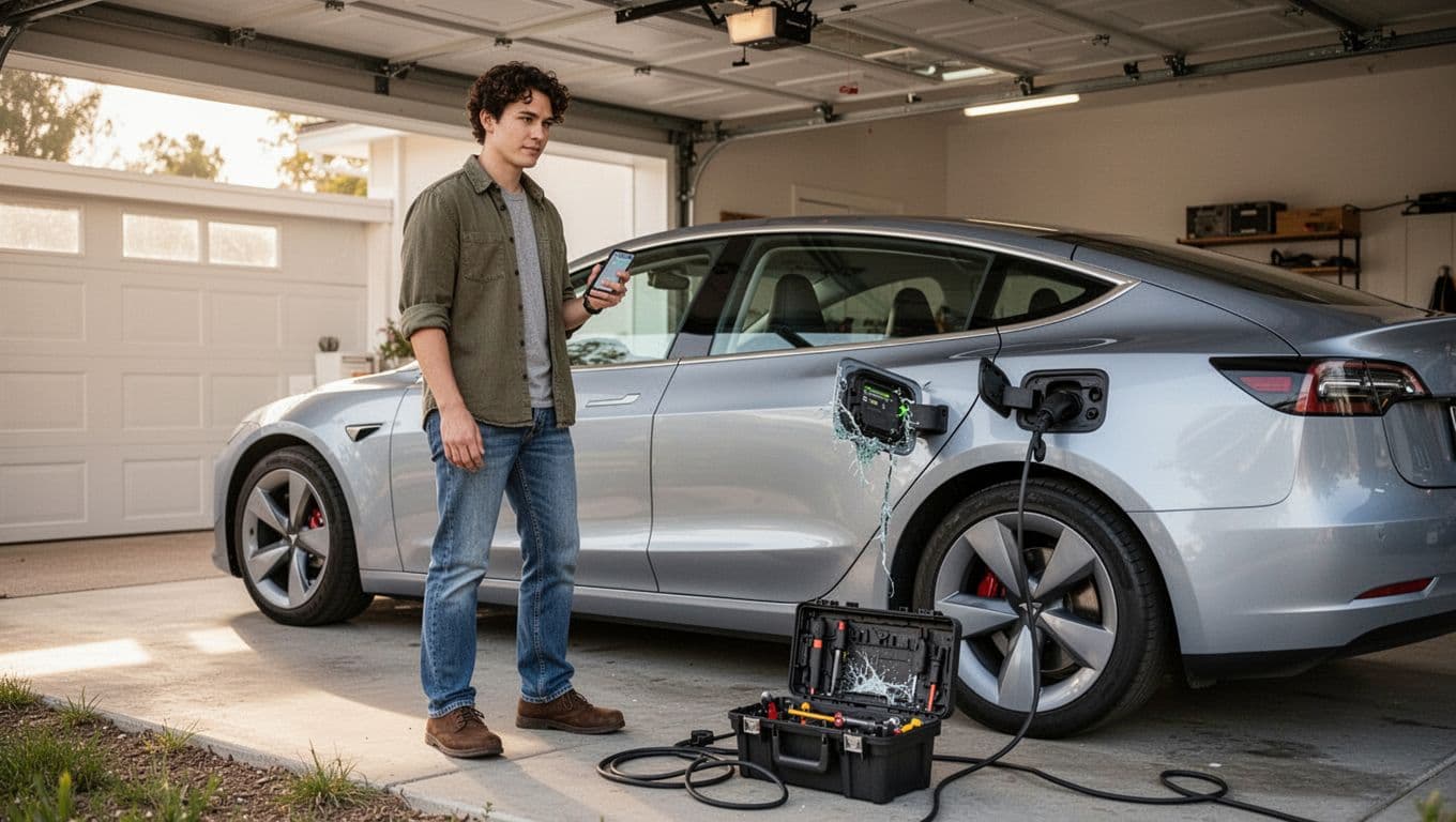A person in casual clothes stands relaxed next to a silver electric sedan in a clean modern home garage, holding a smartphone to photograph the open charge port displaying damage or error, with an open toolbox and cables on the ground nearby under natural daylight.