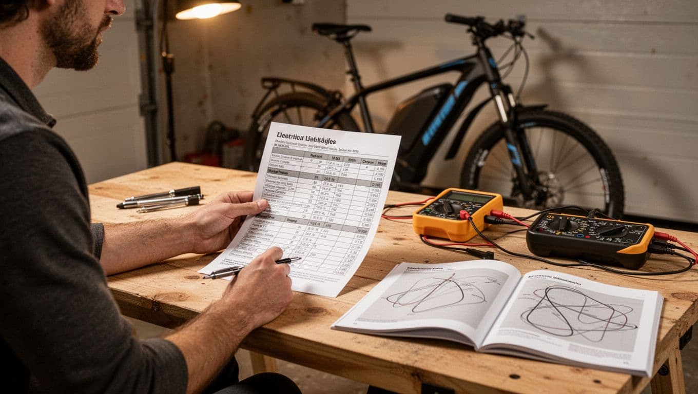 Indoor garage scene featuring one person seated at a simple wooden workbench, carefully reviewing a printed scorecard for electric bikes, with a pen resting on the table and an open e-bike manual nearby. The electric bike is partially visible in the softly focused background under warm overhead lighting, creating a cozy, realistic photographic mood with high detail on the scorecard and tools.