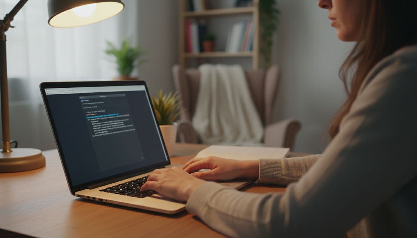 A person in a cozy home office types an SSH command in the laptop terminal to test connection to a DigitalOcean Droplet, with a blurred command prompt and warm lamp light illuminating relaxed hands on the keyboard.