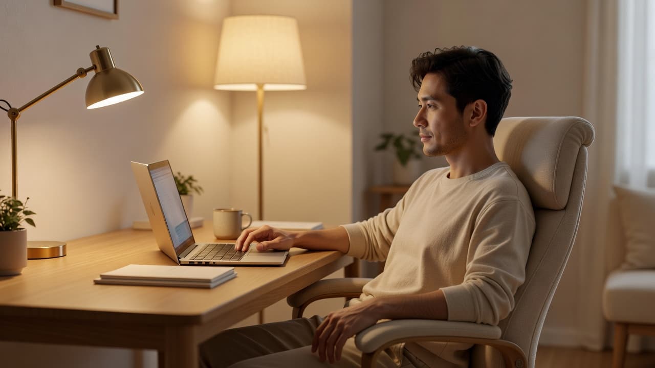 A focused individual types on a silver laptop at a clean wooden desk. Warm ambient lighting fills the room, highlighting the tidy workspace and minimalist decor during a quiet afternoon session.