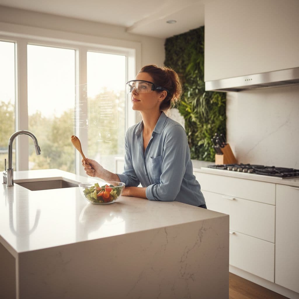 A person stands in a bright, modern kitchen wearing smart glasses while maintaining a relaxed posture.