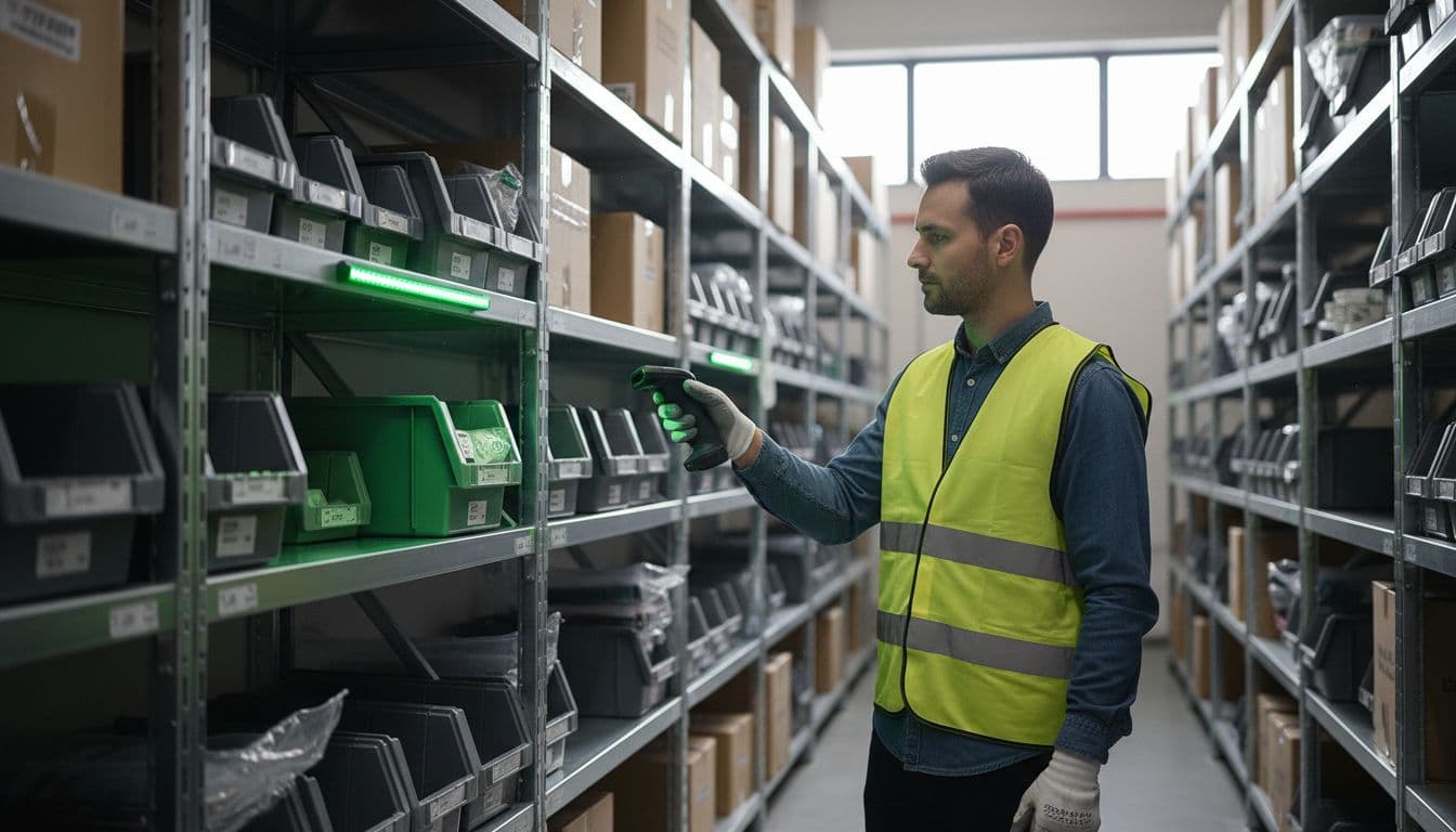 Warehouse worker holding scanner points to lit shelf location in clean modern warehouse aisle with goods on racks, realistic natural daylight, focused on interaction.