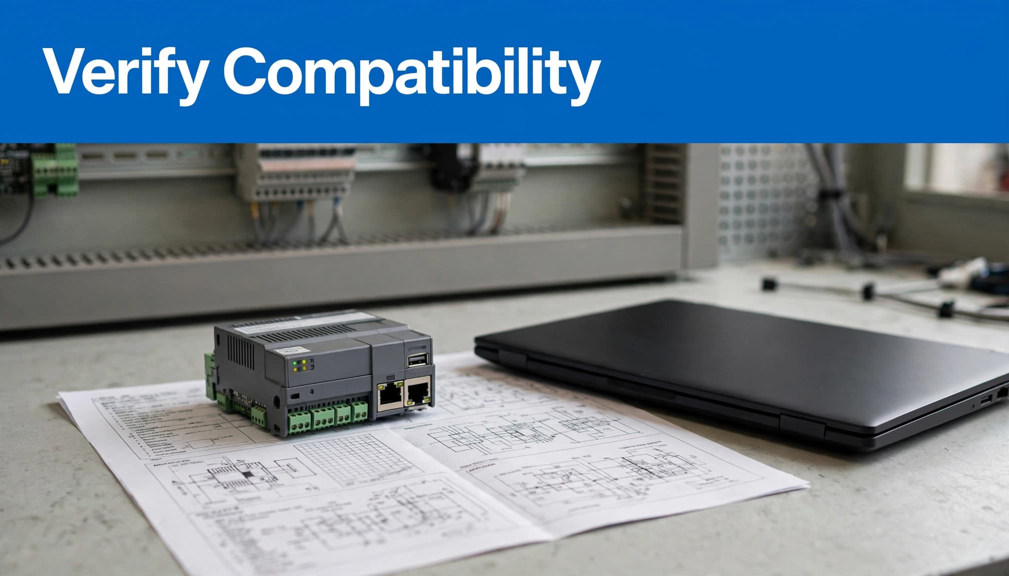 A PLC module, printed datasheet, and closed laptop sit on a workshop surface.