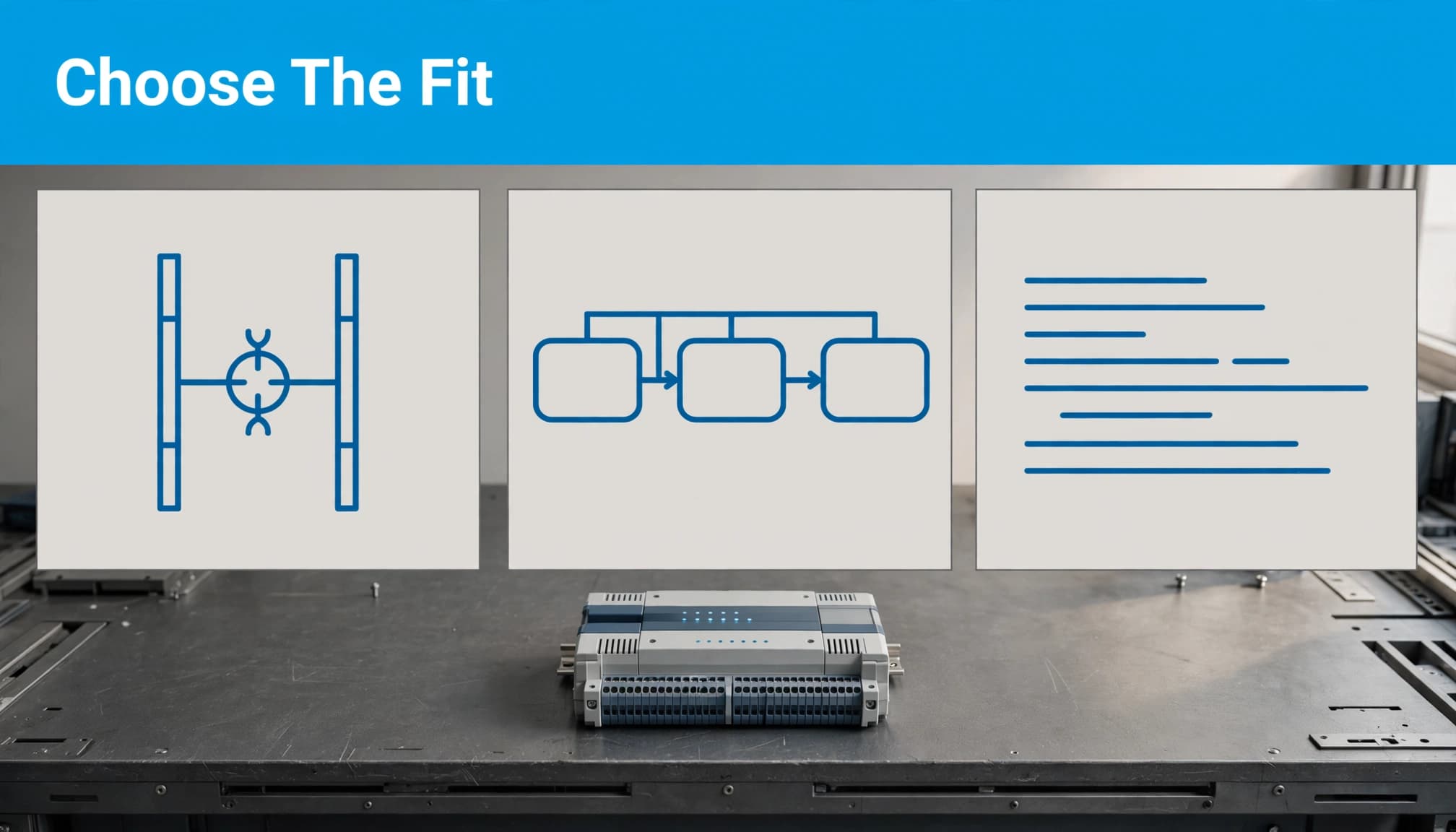 Three control diagrams sit above one compact PLC module on a workbench.