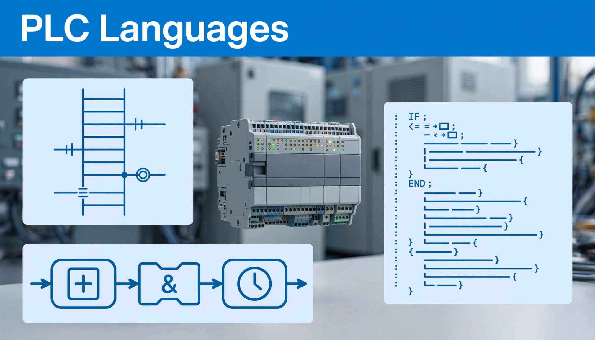 A compact PLC surrounded by ladder rungs, function blocks, and code lines.