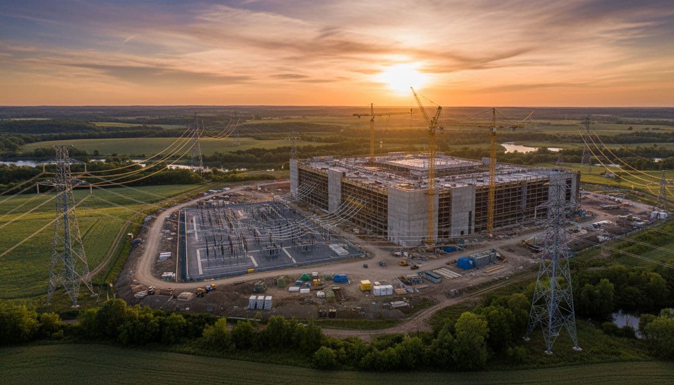 High-voltage transmission towers and power lines stretch across a rural landscape adjacent to a large data center under construction with cranes, bathed in golden hour lighting casting long shadows.