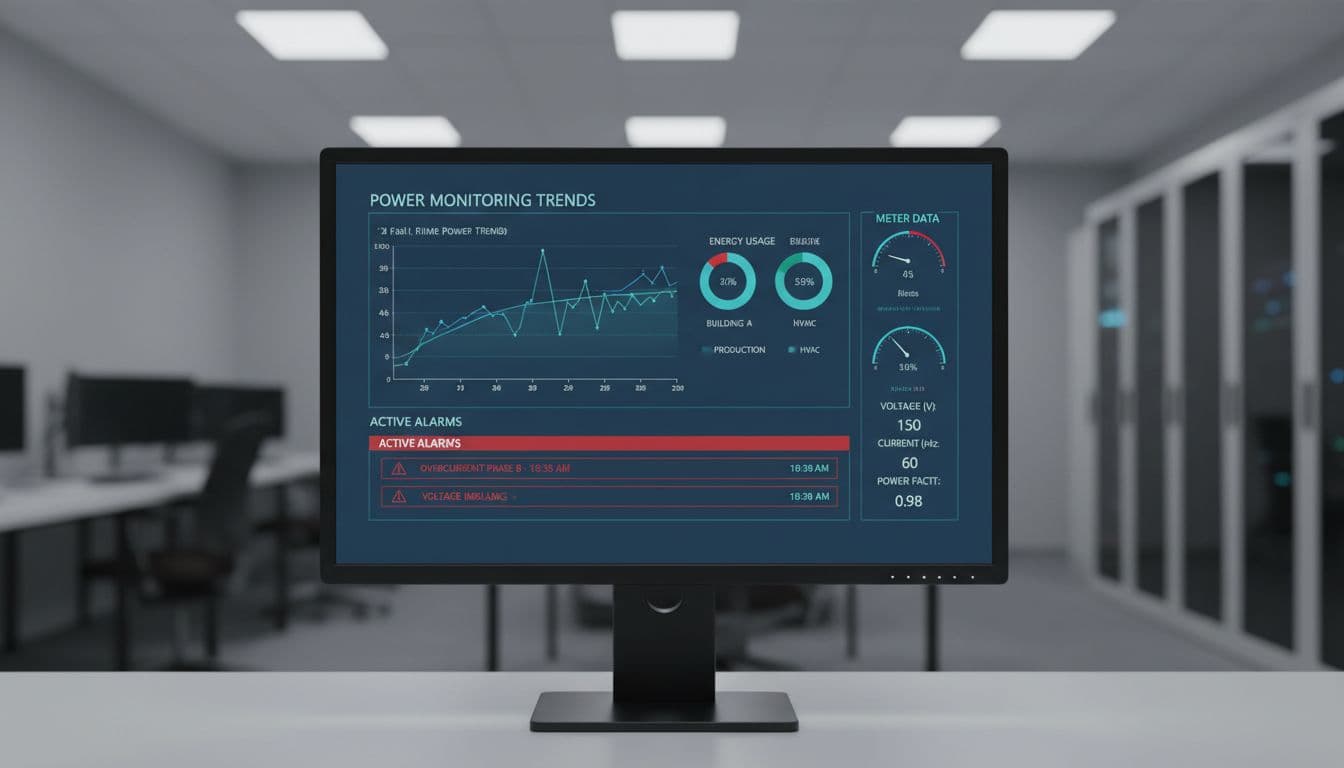 Professional dashboard screen showing power monitoring trends, energy usage graphs, alarms, and meter data on a centered computer monitor in an office control room setting. Realistic style with soft office lighting, simple composition, no people, no text, no logos, no extra screens.